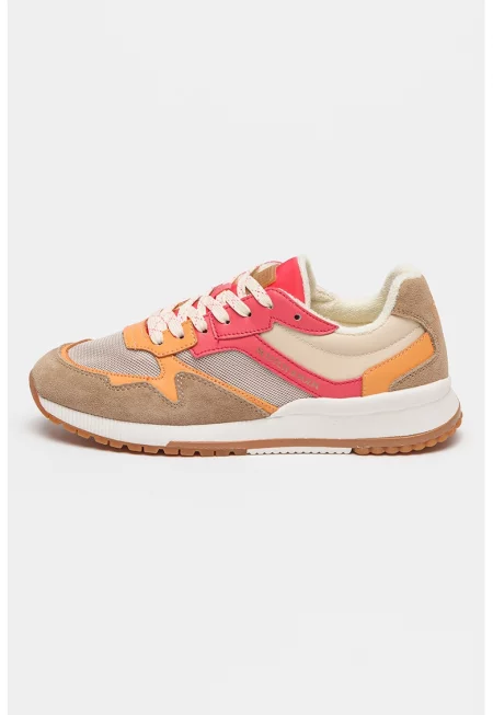 Маратонки с мрежа и цветен блок - Кафяв/Оранжев/Яркорозово