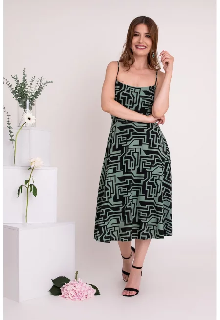 Миди десенирана рокля с лен Calista - Черен/Бледозелен