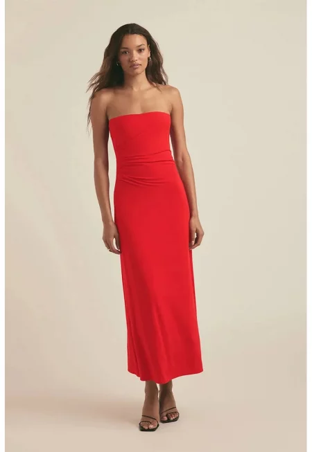 Миди рокля без рамене с драперии - Червен