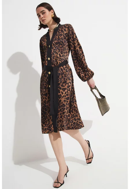 Миди рокля с принт - Кафяв