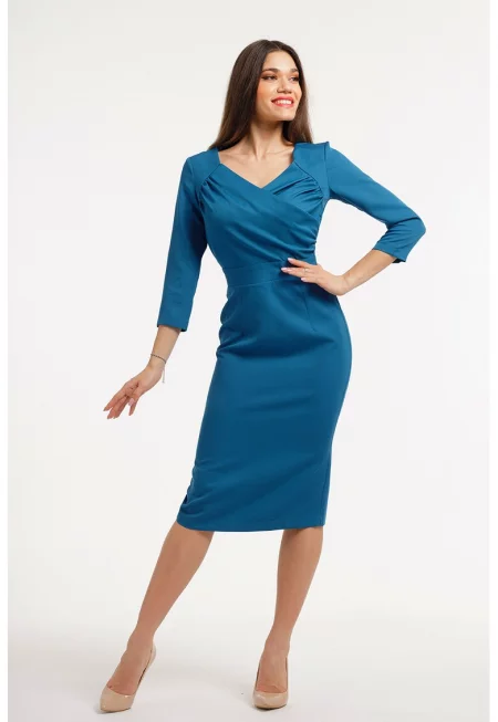 Миди рокля с шпиц и шлиц отзад - Петролно синьо