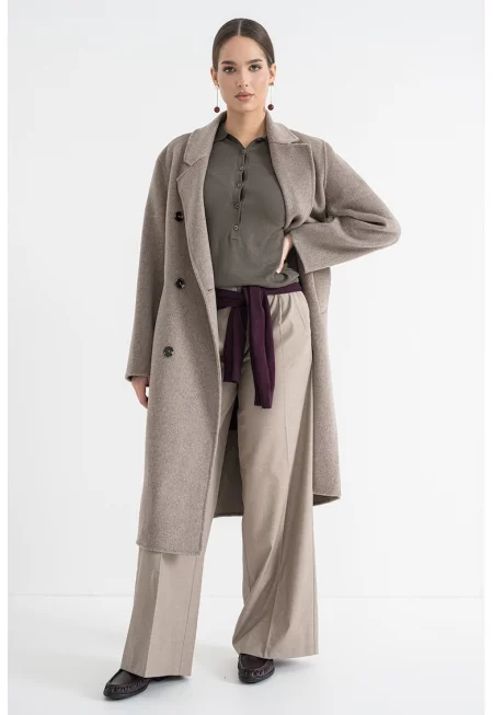 Палто с вълна с двойни ревери - Сиво-кафяв