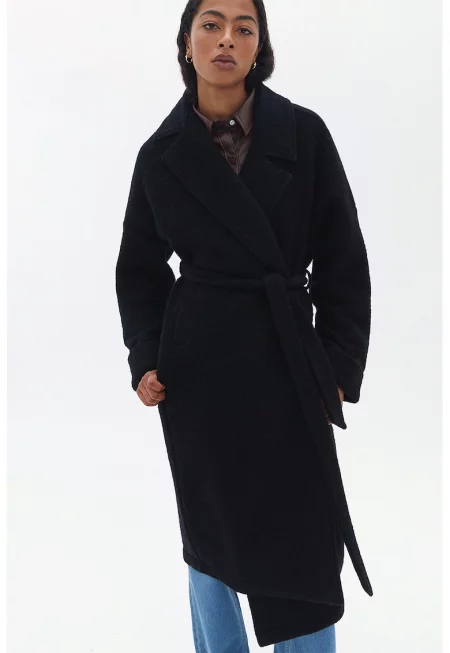 Палто с вълна с колан - Черен