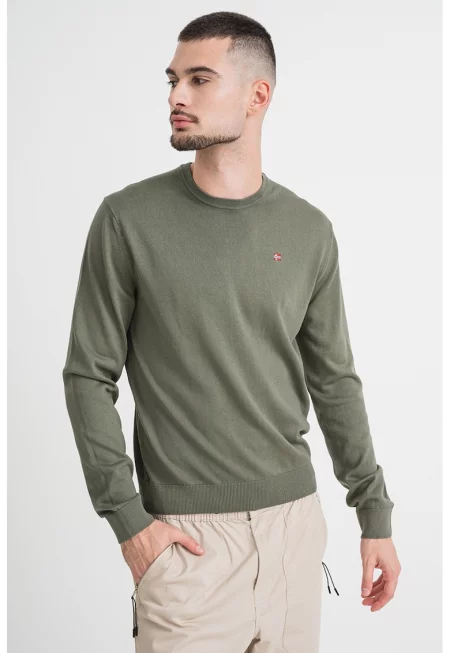 Памучен пуловер Droz с овално деколте - Каки