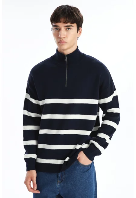 Памучен пуловер с къс цип