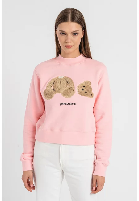 Памучен суитшърт с плюшена апликация - Черен/Пастелнорозов/Светлокафяв