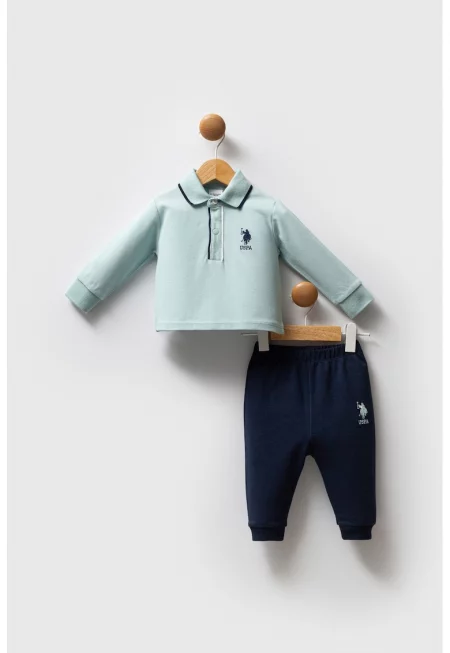 Памучна блуза с яка и спортен панталон - 2 части - Бледозелен/Тъмносин