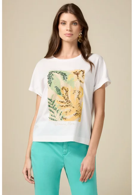 Памучна тениска с надпис и овално деколте