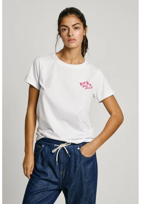 Памучна тениска с принт - Червен/Бял/Розово