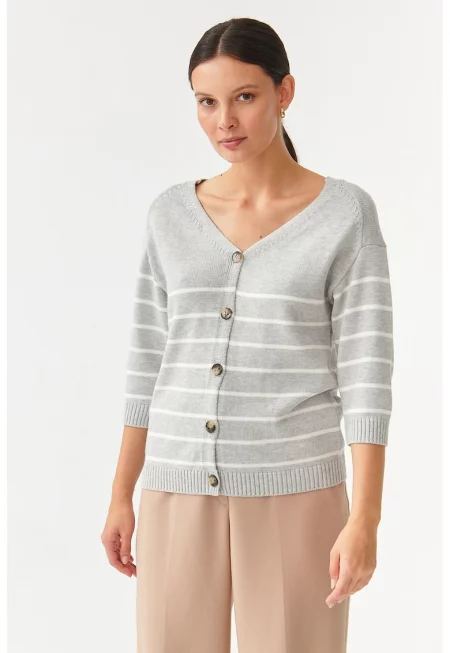 Раирана жилетка Sare с шпиц - Бял/Светло сив