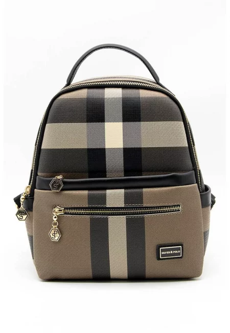 Раница на каре с джобове с цип - Черен/Карамел