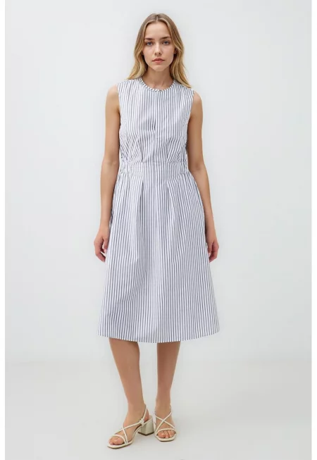 Разкроена памучна рокля - Бял/Тъмносин