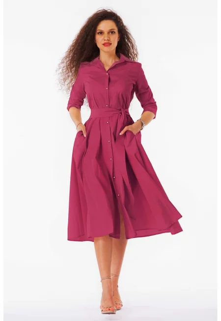 Разкроена рокля-риза с колан - Фуксия