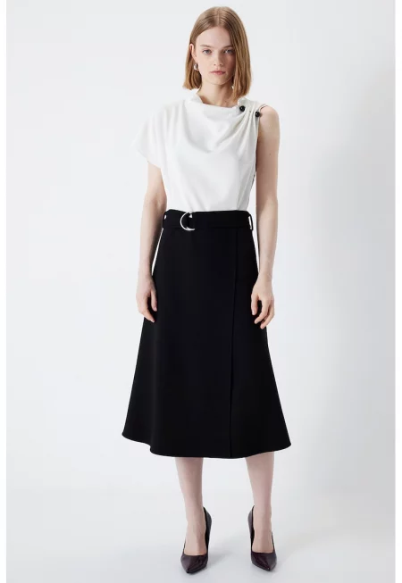 Разкроена рокля с каишка - Бял/Черен