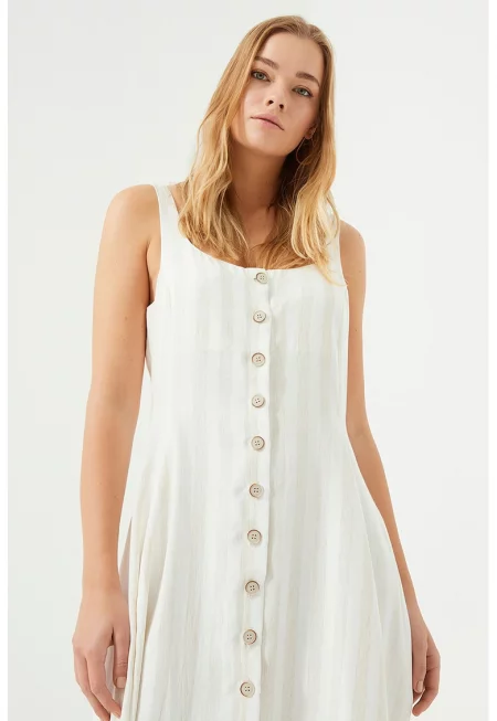 Разкроена рокля с лен - Светло бежово
