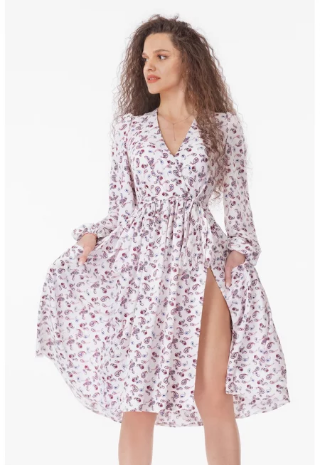 Разкроена рокля с цепка встрани - Бял/Бордо/Син