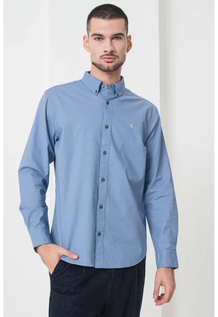 Риза с памук с копчета на яката - Прашно синьо