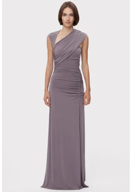 Rochie maxi cu decolteu asimetirc si drapaje - Сив