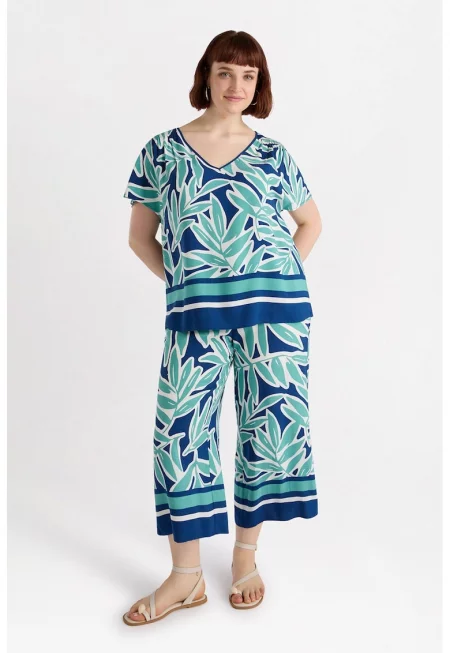 Широк панталон с връзка - Светлозелен/Тъмносин