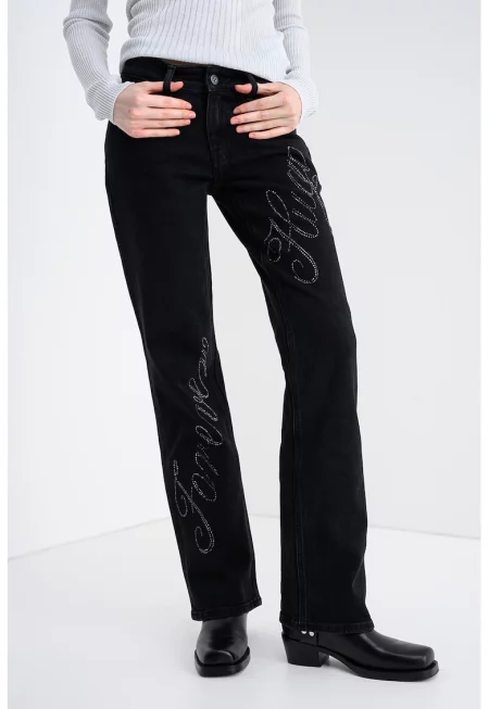 Слим дънки Gamera с лого с декоративни камъни - Избеляло черно