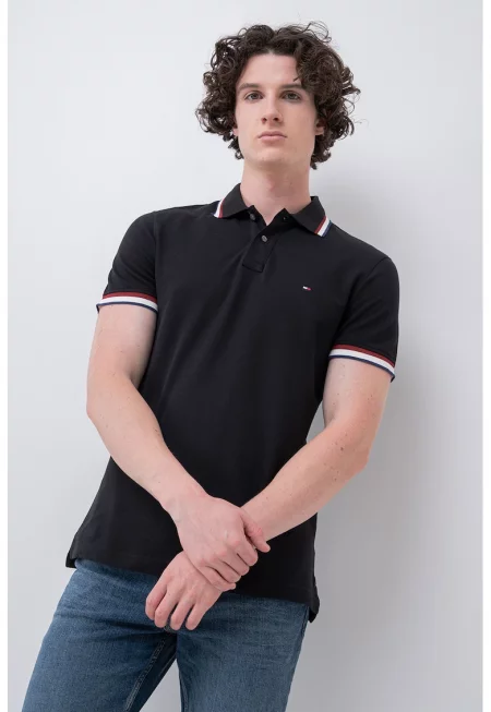 Слим тениска Cuff Interest с яка - Черен