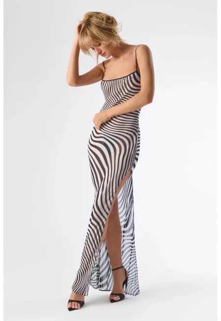Striped See-through Maxi Dress - Черен