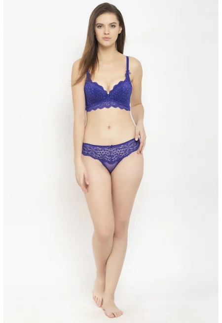 Сутиен с подплънки и дантела - Индигово синьо
