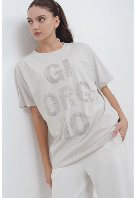 Свободна тениска с декоративни камъни - Тъмнобежово/Прозрачен