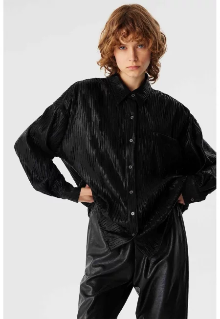 Уголемена риза с паднали ръкави - Черен
