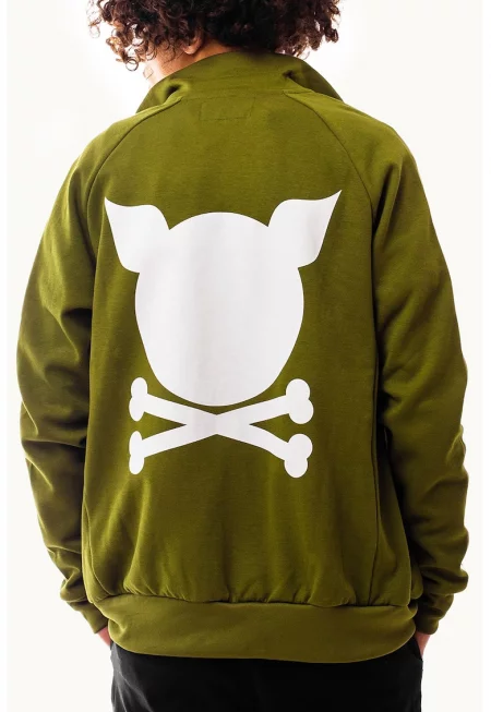 Унисекс суитшърт Crooked с лого и цип - Бял/Маслинено зелено