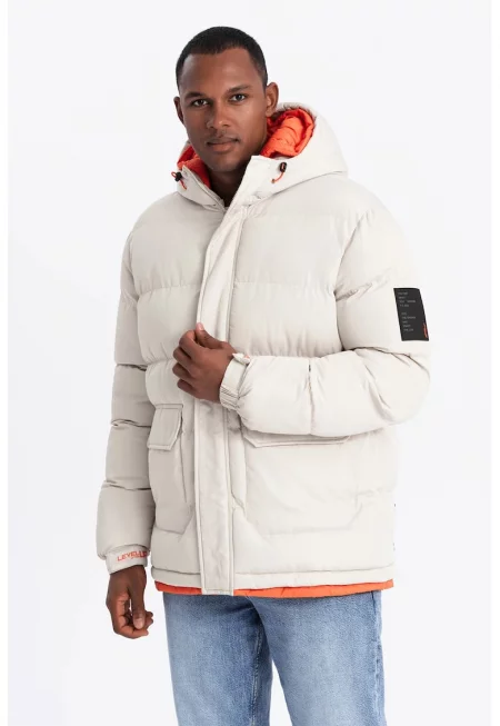 Ватирано зимно яке с двойна качулка - Мръснобял