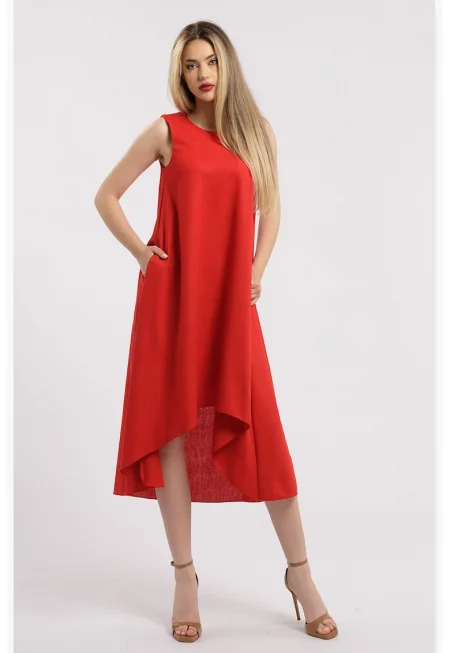 Асиметрична рокля от лен - Червен