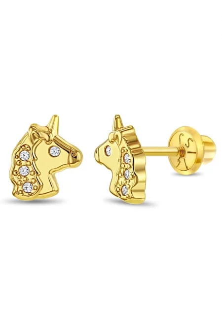 Блестящи обеци с еднорог с прозрачен кубичен цирконий от 14K злато - за деца - здраво закопчаване на винт