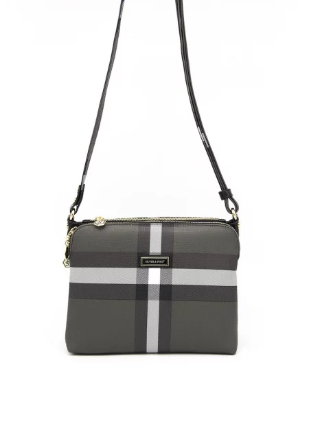 Чанта през рамо  от еко кожа с каре - Черна - Бял/Избеляло черно - 21x27x10