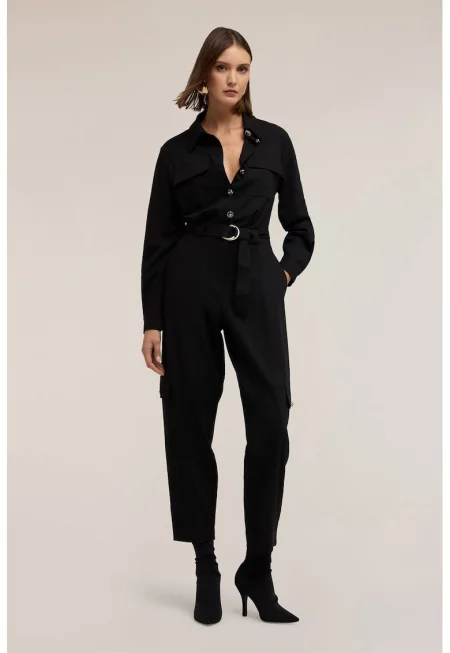 Дълъг гащеризон с вълна с класическа яка - Черен