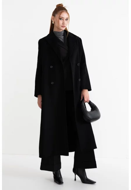 Дълъг тренч с вълна и копчета - Черен