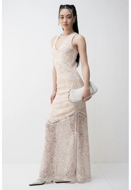 Дълга рокля с отвор на гърба - Светлокафяв/Крем