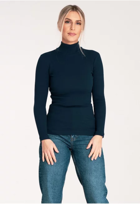 Дамска блуза с кръгло деколте -  Памук/Еластан - Тъмносин