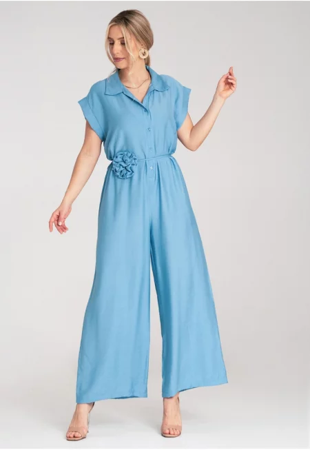 Дамски гащеризон -  широк крачол - къс ръкав - син - универсален материал - Един размер