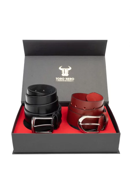 Дамски и мъжки комплект колани естествена кожа черно-червено Дебело-Гладко