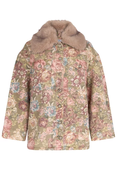 Дънково яке с яка от еко пух - Пастелносин/Светлокафяв/Прашно розово