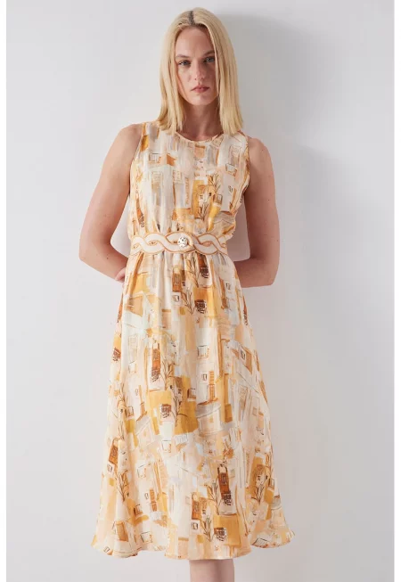 Десенирана рокля с лен с овално деколте - Бежов/Бледооранжев