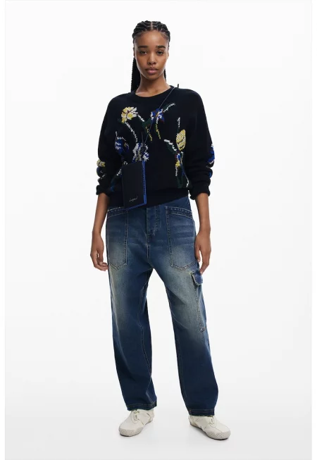 Флорален пуловер - Зелен/Черен/Син