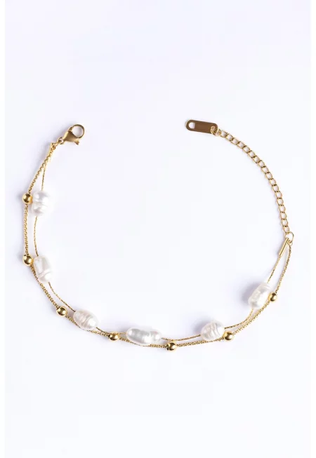 Гривна с 18К злато и перли - Златист/Бял