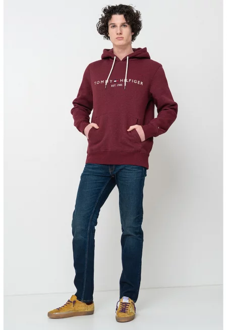 Худи с джоб кенгуру и лого - Бордо/Tъмносив