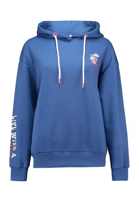 Худи с паднали ръкави и принт - Корал/Син/Крем