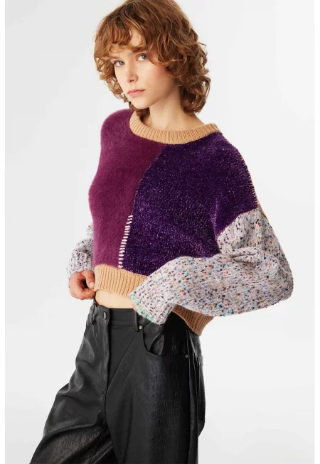 Къс пуловер с вълна - Бял/Виолетов/Камел
