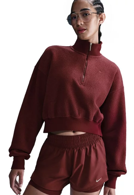 Къс суитшърт с къс цип - Тъмночервен
