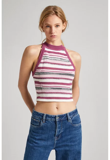 Къс топ с дизайн с цветен блок - Прашно розово