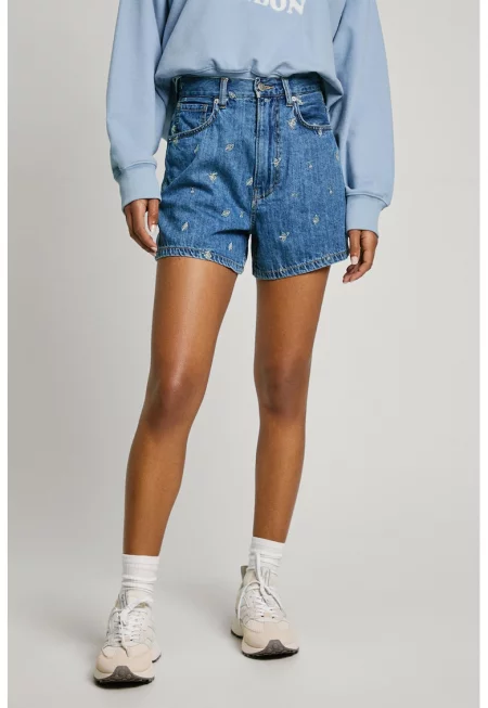 Къси дънки с висока талия - Бял/Тъмносин